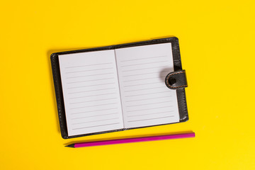 Dark leather private locked diary striped sheets marker colored background