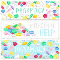 Pharmacy banner with colored pills, medicinal help. Vector health vitamin, capsule and tablet antibiotic illustration