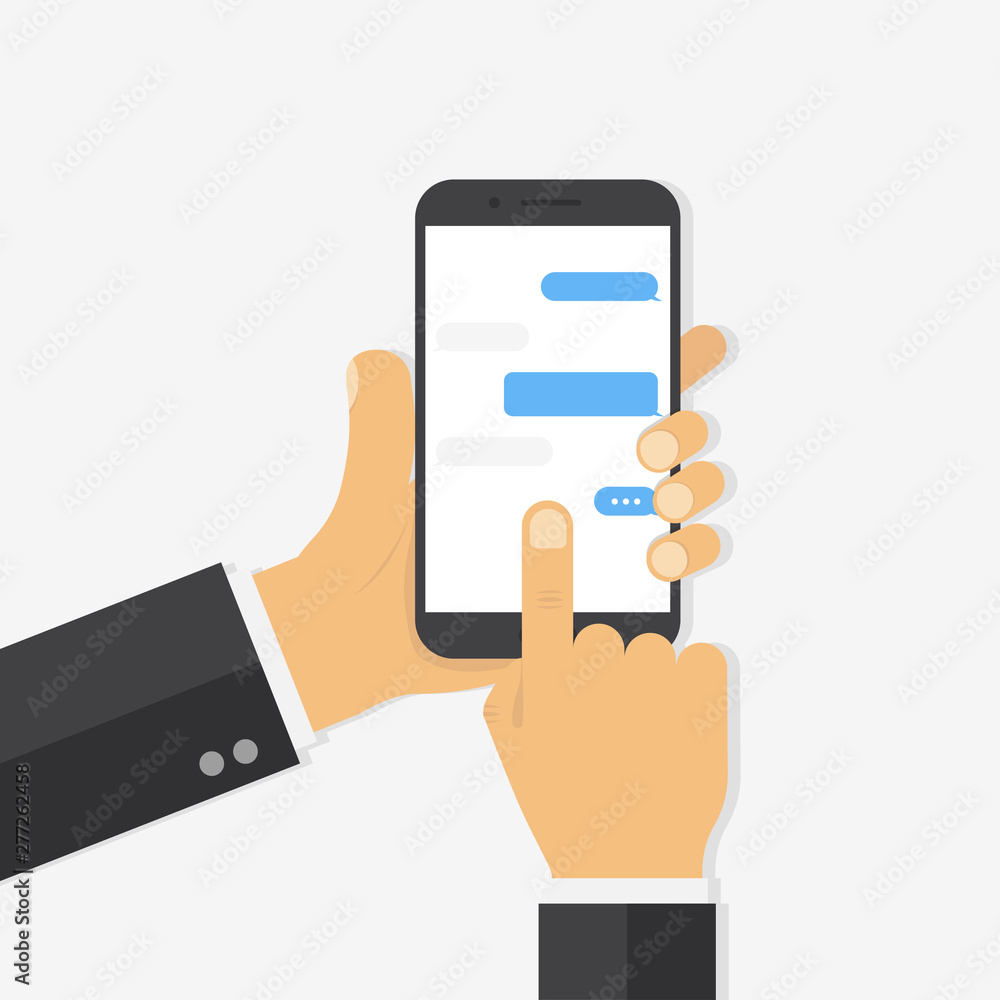 Poster hand holding smartphone with chat application and finger touching screen device. chat or notificatio