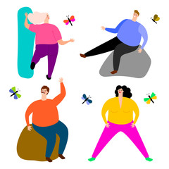 Cute people, single women and men sitting and dancing with butterflies isolated on white background. Woman and man dance with butterfly, female and male illustration