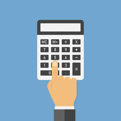Hand with calculator clicking button on blue background. Finance concept. Trendy flat design.