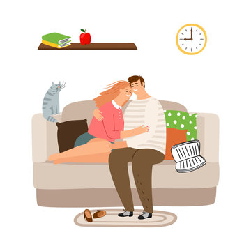Couple in love on sofa vector illustration. Calm evening together concept. Couple love man and woman, home leisure together illustration