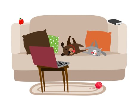 Happy Pets Relaxing On The Couch And Watching TV Vector Illustration. Pets Cat And Dog Watch Television On Sofa