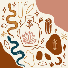 Handdrawn tattoo sketches. Crystals, snakes and cacti plants. Eye of Providence. Moon goddess symbol. Astrology, alchemy, boho and magical symbols. Vector.