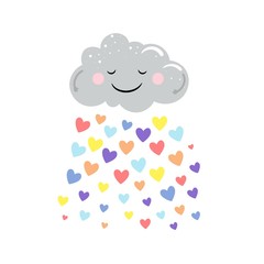 Vector cute cloud and rain of colored hearts isolated on white background. Cartoon print design rain heart, cloud smile graphic illustration