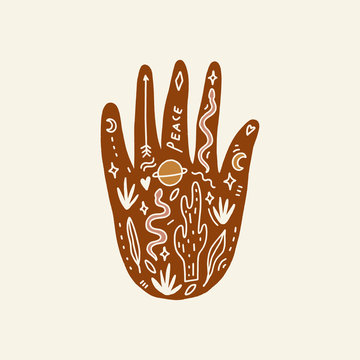 recommend clip art: Hand with tattoo. Crystals, snakes and cacti plants. Eye of Providence. Moon goddess symbol. Astrology, alchemy, boho and magical symbols. Vector.