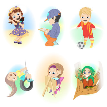 Collage of different vector illustrations. Children have fun and playing in free time.