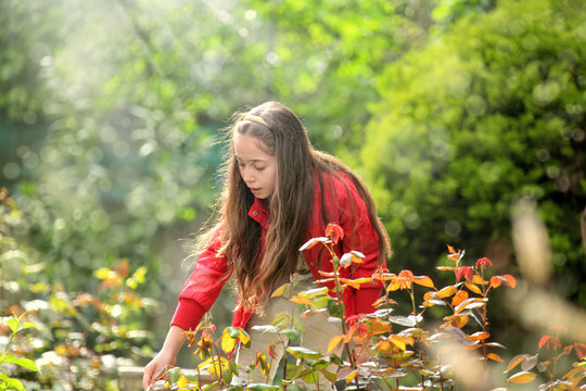 close up outdoor portrait of elementary age girl in sunny green garden