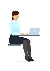 Business woman in a glasses and suit, working on a laptop computer. Flat style vector illustration.