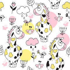 Cute seamless pattern with tropical animals on white background.