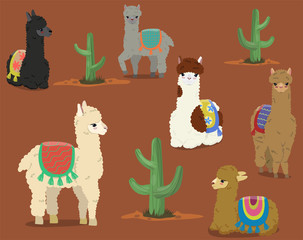 A collection of cute alpacas and cacti. Vector set. © Екатерина Зирина
