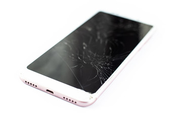 white phone with a broken sensor and screen, cracked touchscreen glass on a white background...