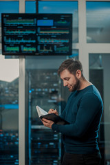 network engineer working in server room