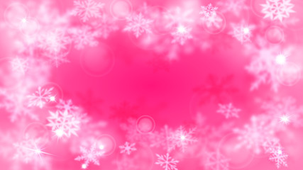 Christmas blurred background with frame of complex defocused big and small snowflakes in pink colors with bokeh effect