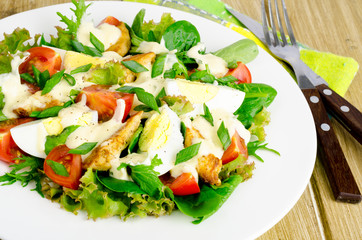 Salad of fresh vegetables, eggs, chicken meat with white sauce.