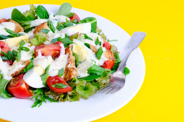Salad of lettuce, egg, chicken pieces, mayonnaise on white plate on yellow background
