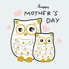 Happy Mother's day cute owl mama and son cartoon vector illustration