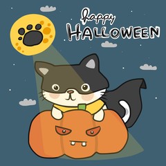 Happy Halloween cat in black mask with pumpkin and full moon cartoon vector doodle illustration