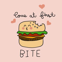 Love at first bite cute burger cartoon vector illustration doodle style 