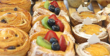 Fresh bread in a bakery at cafe.