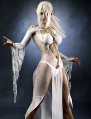 Fototapeta premium Portret potężnej czarodziejki fantasy z ciemnymi elfami z białymi długimi włosami i jedwabistą prześwitującą sukienką. Renderowanie 3d. Ilustracja fantasy