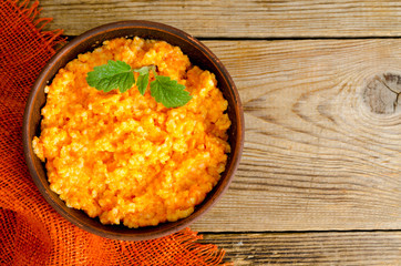 Dish of pumpkin and rice cereals, diet porridge. 