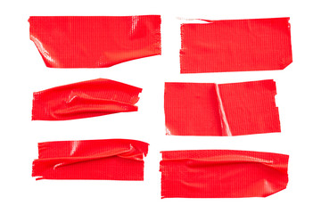 Set of Red tapes on white background. Torn horizontal and different size Red sticky tape, adhesive pieces.
