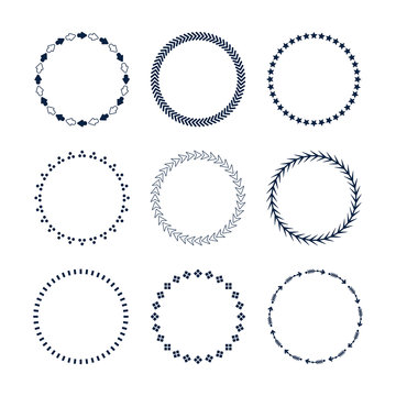 Cute dark blue circle direction arrows, stars, and dots emblems icons set on white background