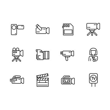 Video, television and movies shooting icon simple symbols set. Contains icon TV report, broadcasting, video camera, news, film, director, reporter, clapperboard and other.