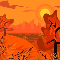 landscape with lake and views of the city under sunlight