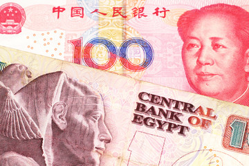 A ten Egyptian pound bill with a red, one hundred yuan Chinese renminbi note close up in macro