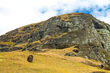 The slopes of Rano Raraku volcano, Easter Island, Chile, where ancient Rapa Nui people carved the...
