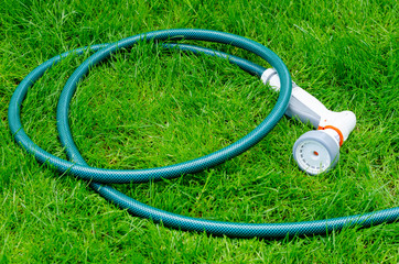 Green hose for watering lies on grass, lawn