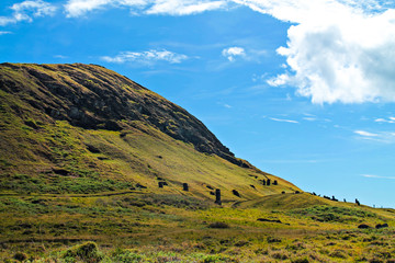 The slopes of Rano Raraku volcano, Easter Island, Chile, where ancient Rapa Nui people carved the...