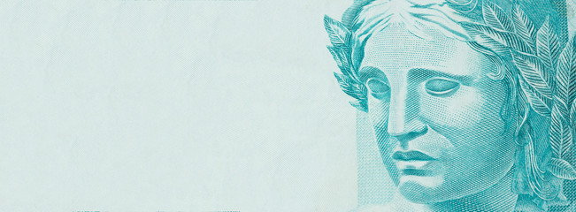 Republic's Effigy portrayed as a bust on Brazilian money. Concept of economy, inflation and business. Space for text.