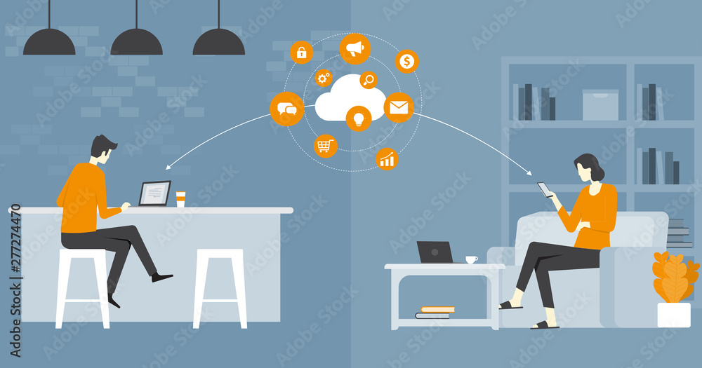 Poster flat vector business smart working and working online any workplace concept