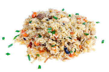 Rice with vegetables, meat on white background.