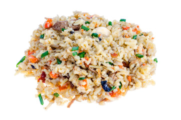 Rice with vegetables, meat on white background.
