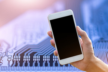 Hand holding mobile smart phone 5G digital technology communication internet  design