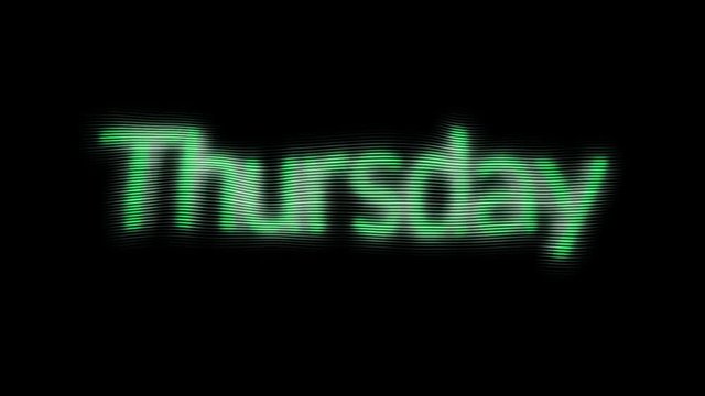 Abstraction of holographic neon Thursday Text blinking on the black background. Animation. Animated text of days of week