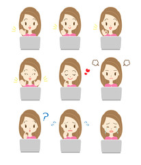 ノートパソコンで仕事をする女性のイラスト