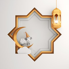 Eight point star paper cut and gold hanging lamp, crescent moon, cartoon sheep on white background. Design creative concept of islamic celebration day eid al adha. 3D rendering illustration.