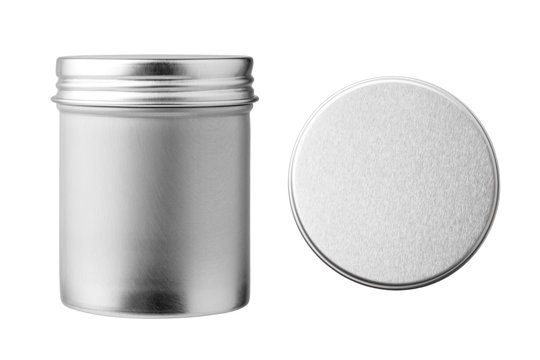 Round metal can container isolated on white background. Container for tea, spices, cosmetic or food.
