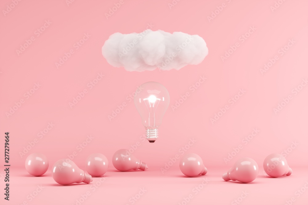 Poster lightbulb floating with cloud above pink lightbulbs on pink background. minimal creative idea concep