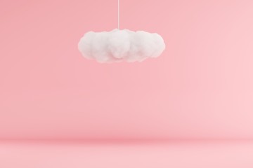 Cloud Hanging on pink room background. minimal idea concept. 3D render.