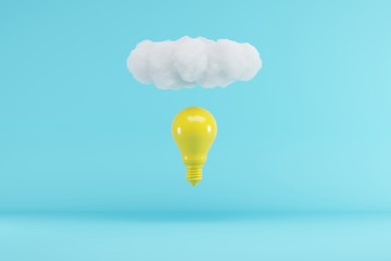 Cloud floating above yellow lightbulb on blue background. minimal concept idea. 3D render