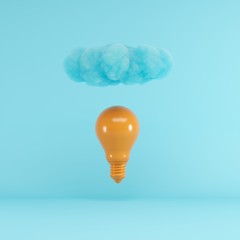 Blue Cloud floating above orange lightbulb on blue background. minimal concept idea. 3D render