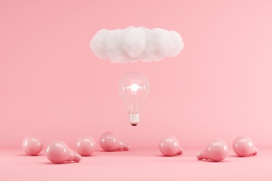 Lightbulb floating with cloud above pink lightbulbs on pink background. minimal creative idea concept. 3D render.