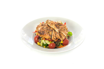 Grilled or roasted chicken salad with green and fresh vegetables. Healthy diet caesar salad meal.
