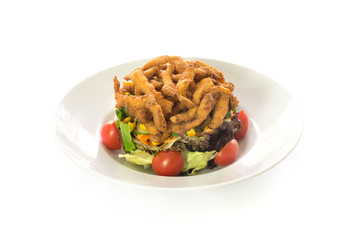 Grilled or roasted chicken salad with green and fresh vegetables. Healthy diet caesar salad meal.